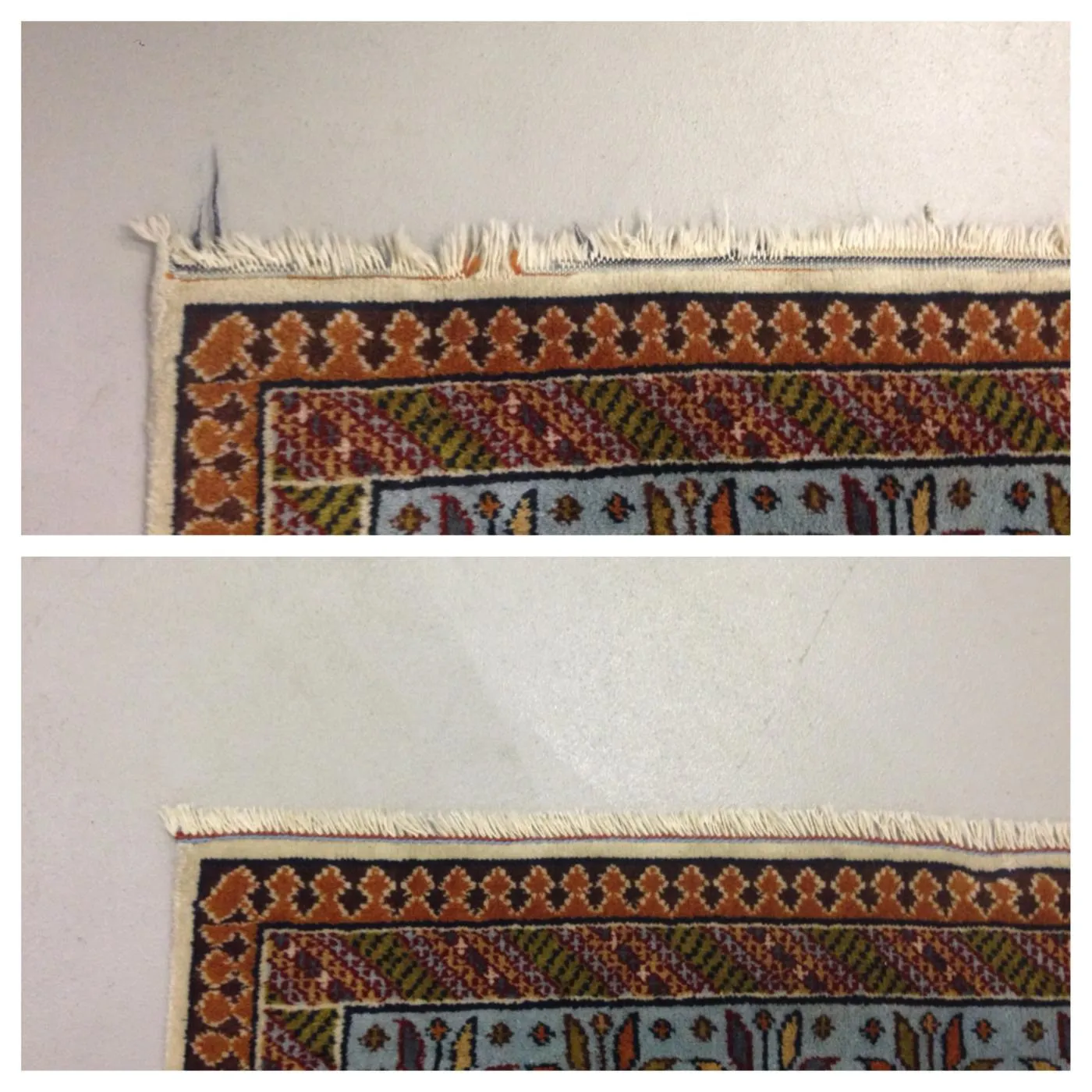 A rug's frayed fringe shown before and after careful hand repair